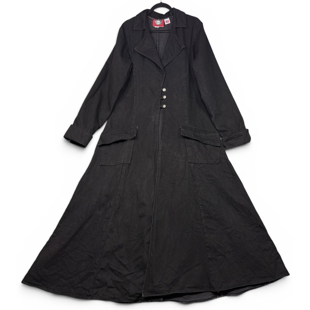Vintage Red Balls on Fire Trench Coat L Black Denim Long Duster Gothic Steampunk